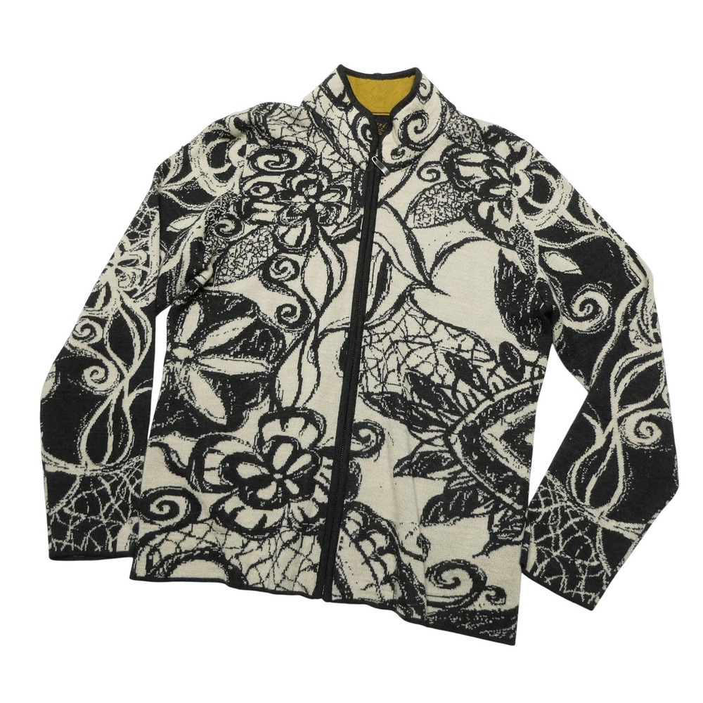 Icelandic Design Sweater Womens XL Beige Black Floral Full Zip Mock Neck Pockets